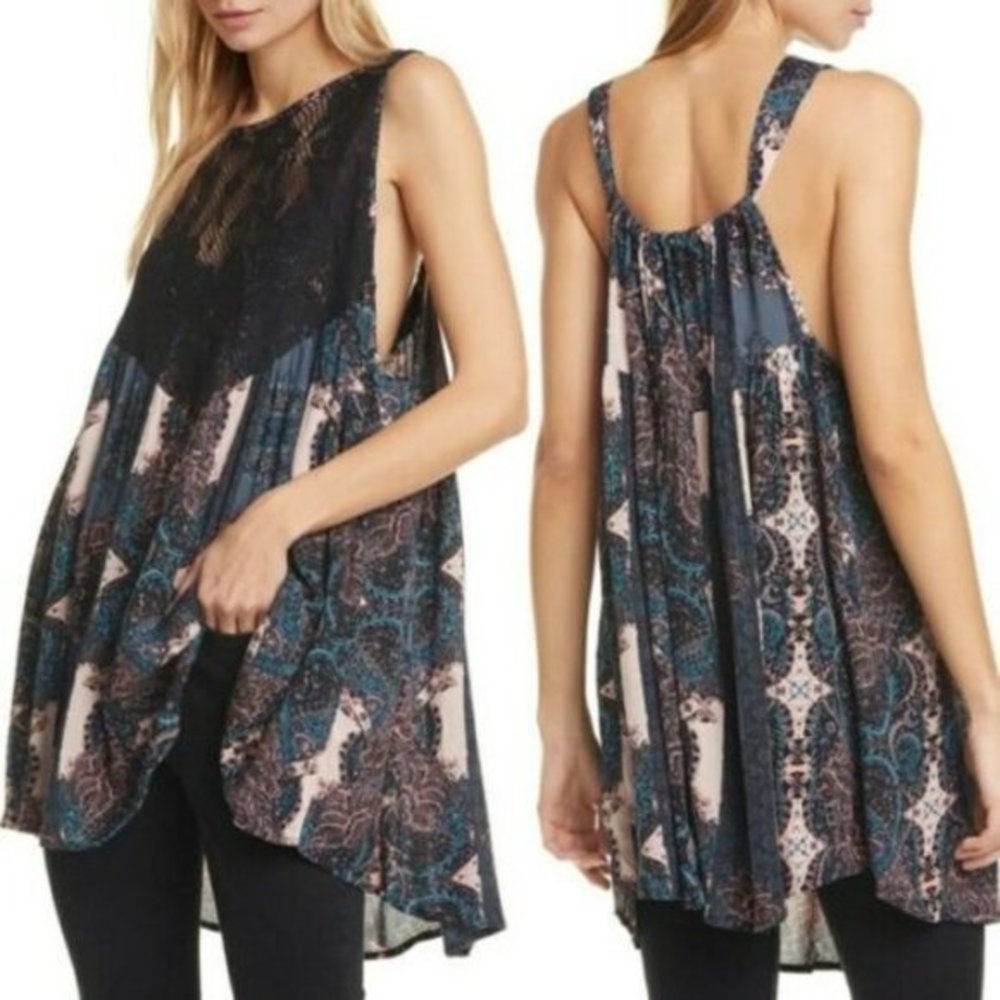 Sleeveless Lace Yoke Paisley Tank Top - Teal & Black